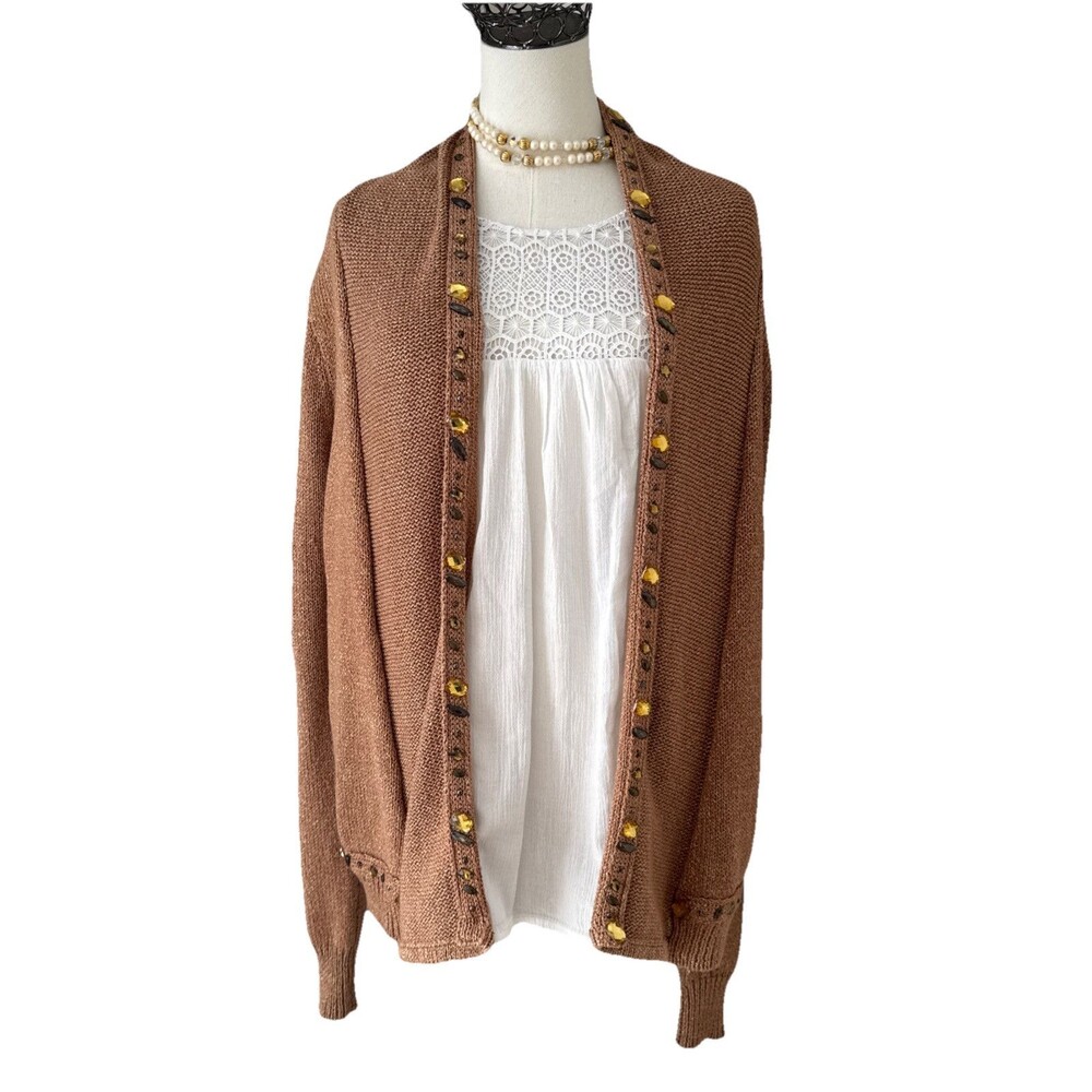 Women’s Open Metallic Cardigan Duster Sweater Brown Gold Sz L Embellished Capes
